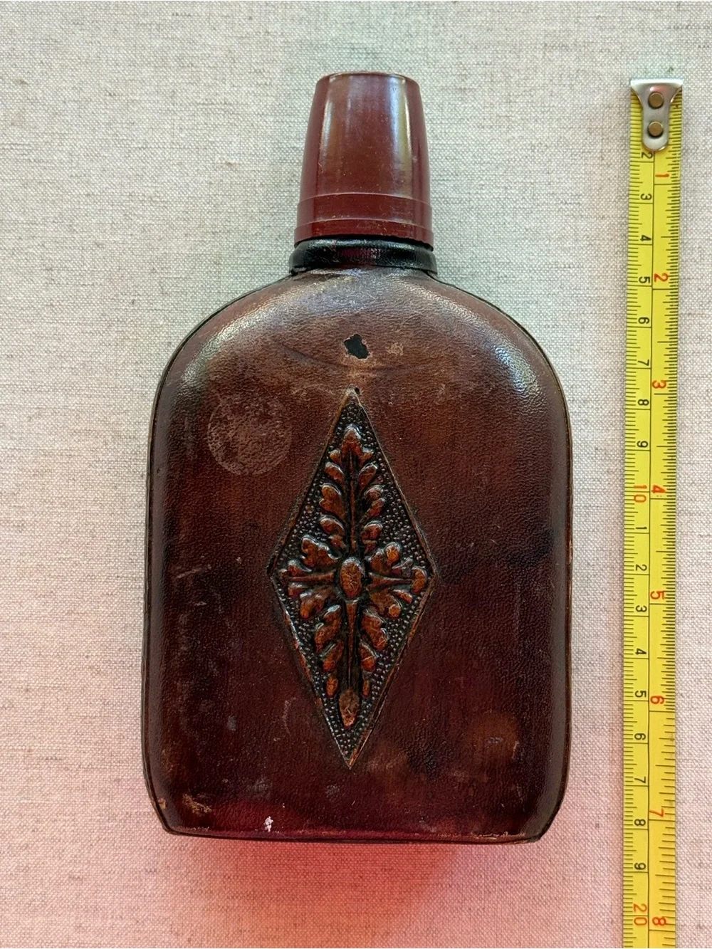 Vintage Leather Wrapped Flask Bottle Embossed Floral Design Brown